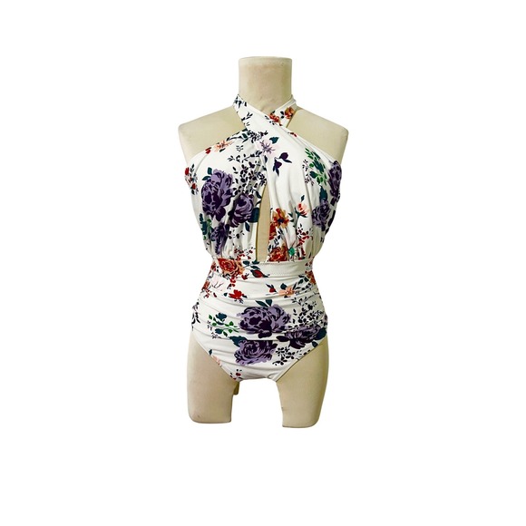 NEW Floral Print One Piece Swimsuit Cross Halter Tie Back Medium Women - Picture 1 of 8